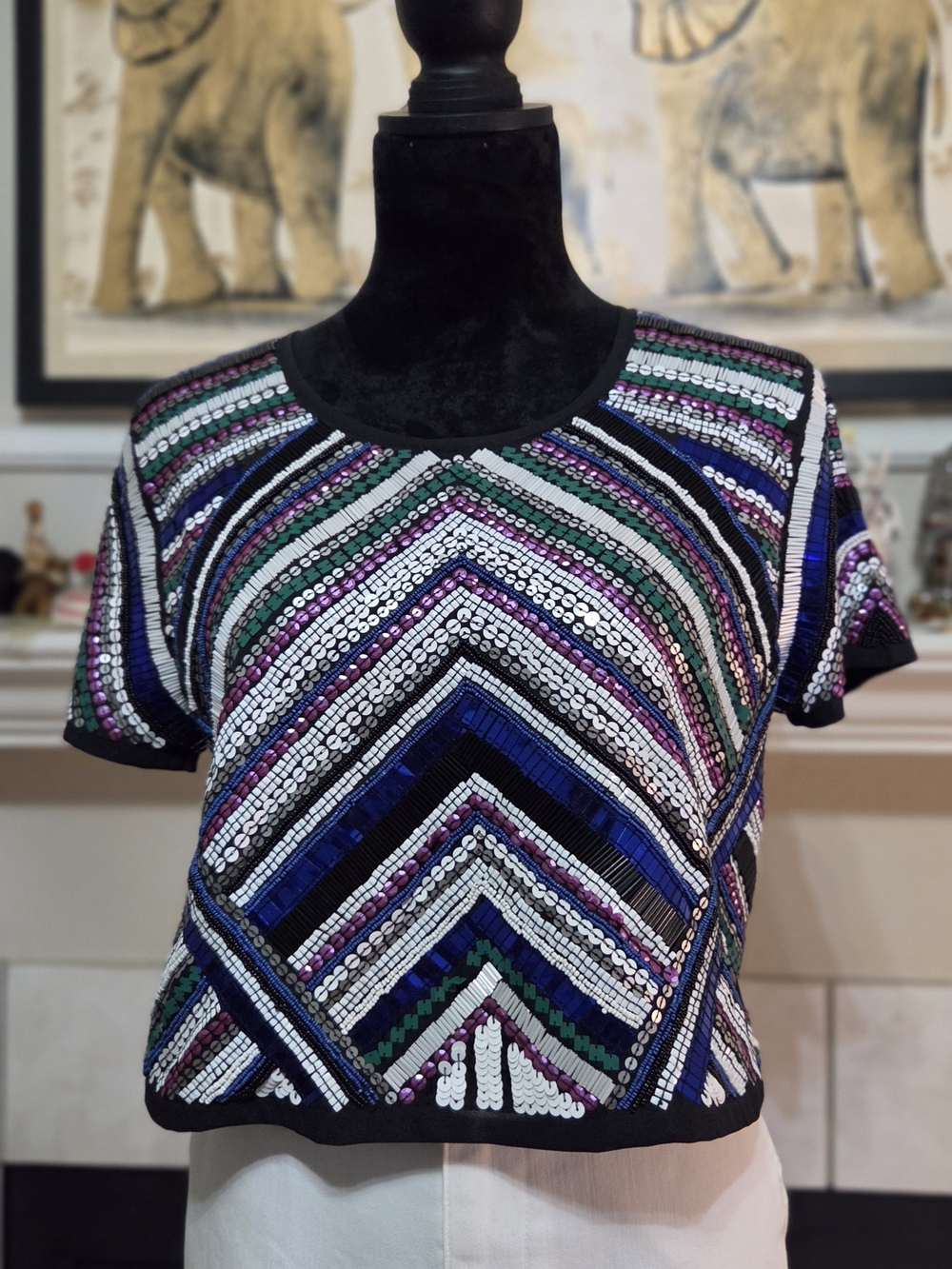 NBD "The Xnaven Twins" Luxury Geometric Beaded & Sequin Crop Top Blouse